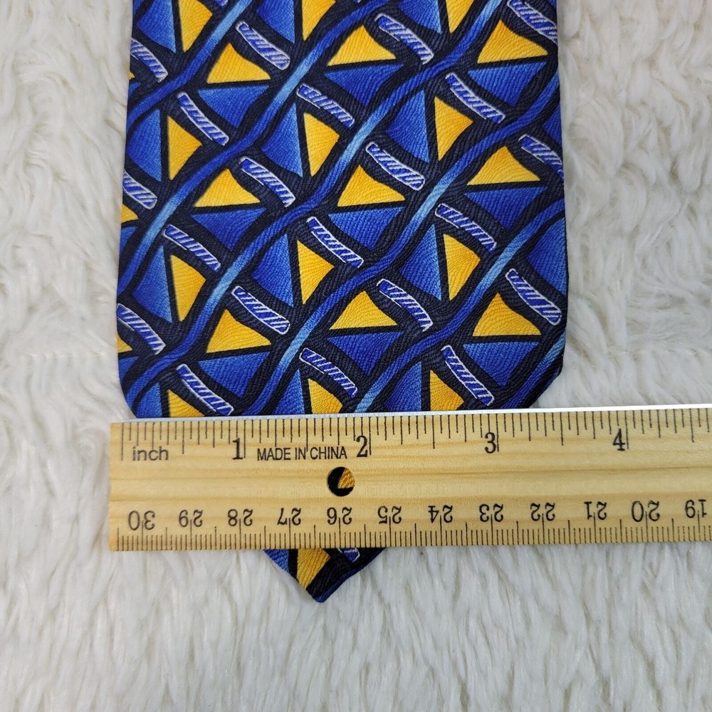 Vintage 90's Silk Necktie Men's Foulard Fence Patrern Blue & Yellow Geometric - Picture 7 of 8